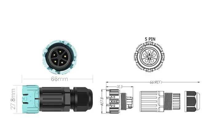 M23MP Waterproof Outdoor Cable Connector 5 Pins Male Female Rear Panel Screwless Connectors