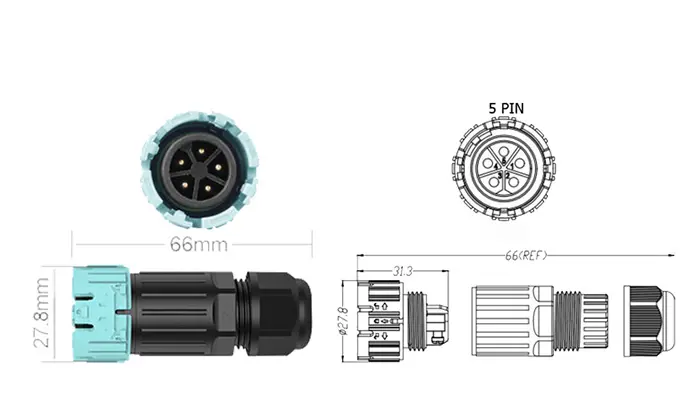 M23MP Screwless Quick Wiring Waterproof Connector 5 Pins Front Panel Male Female Connectors