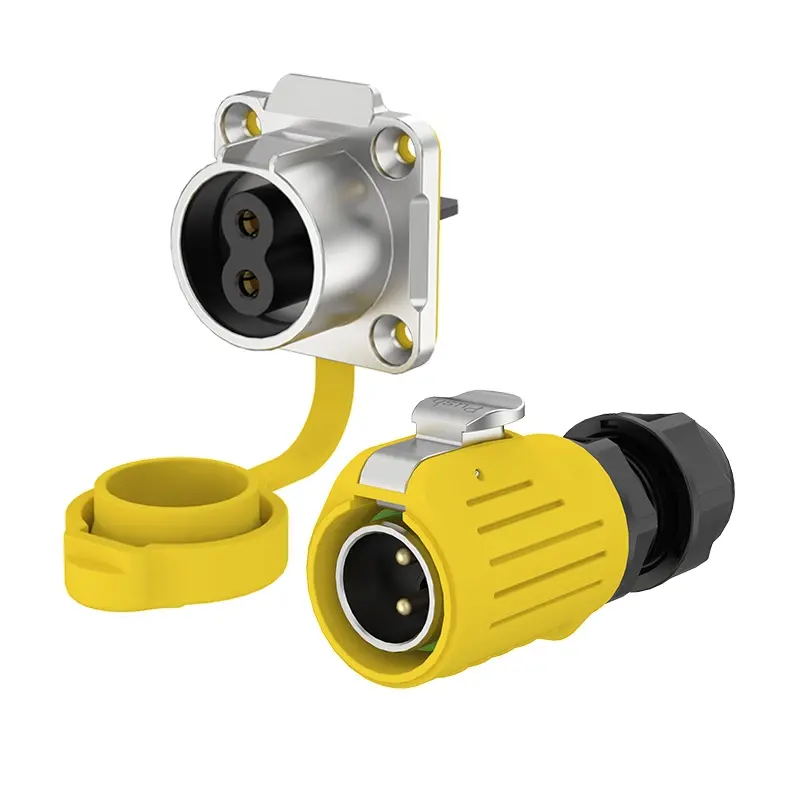 LP20 Yellow 2Pin Screw Type Electrical Waterproof Connectors 20A Power Flange Metal + Plastic