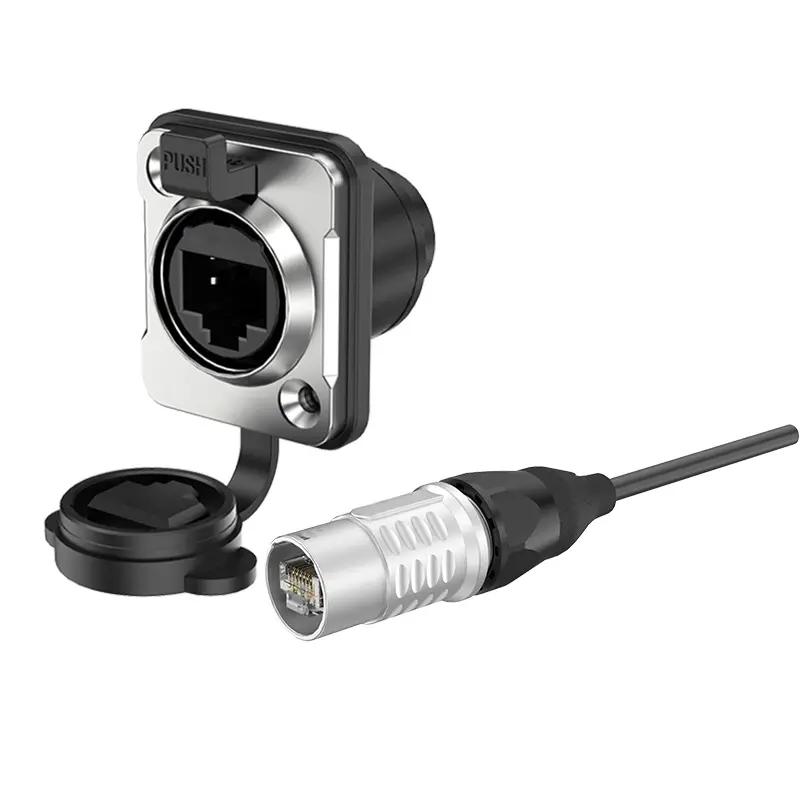 ER- RJ45 Flange Waterproof RJ45 Electrical Waterproof Connectors Metal Buckle Type 180° Double Plug